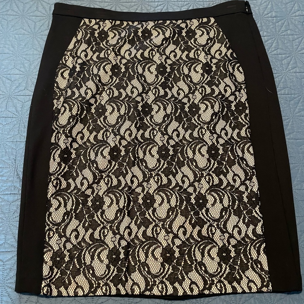 The Limited Size 12 Black & Beige Lace Inset Above Knee Career Pencil Skirt
